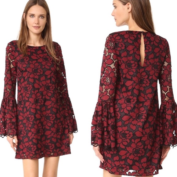 LIKLEY Perry Lace Bell Sleeve Mini Dress in Red & Black Sz 0 - Picture 1 of 8